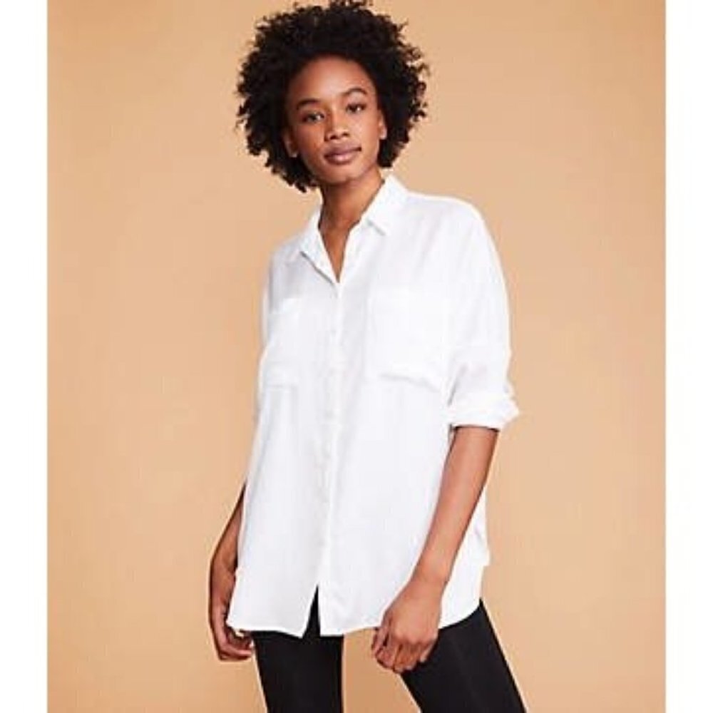 Lou & Grey White Lyocell Long Sleeve Button Down XS